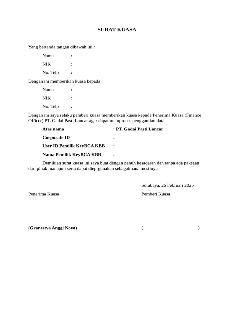 Surat Kuasa Penggantian Keybca | PDF