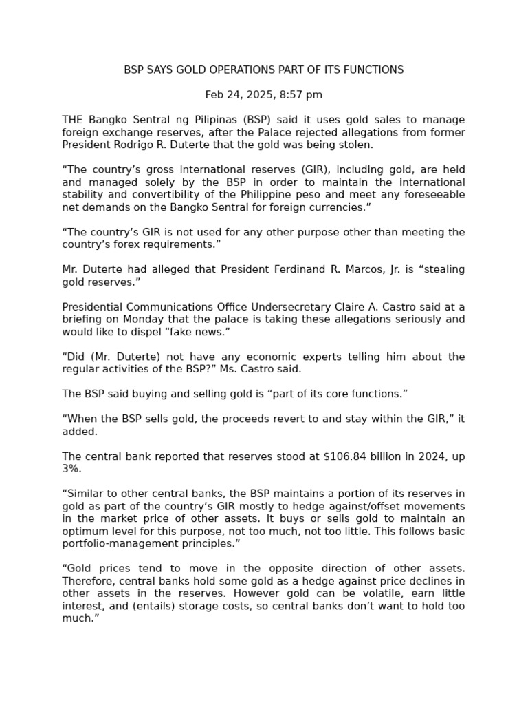 BSP Clarifies Gold Operations Role | PDF