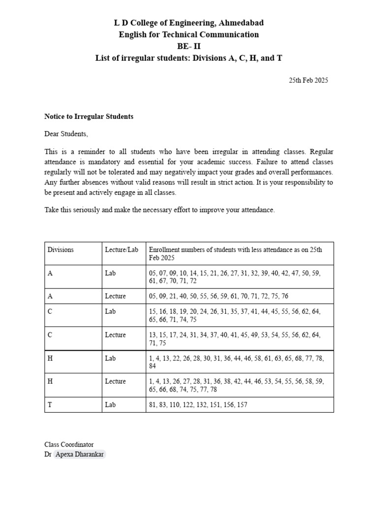 Attendance Notice for Irregular Students | PDF