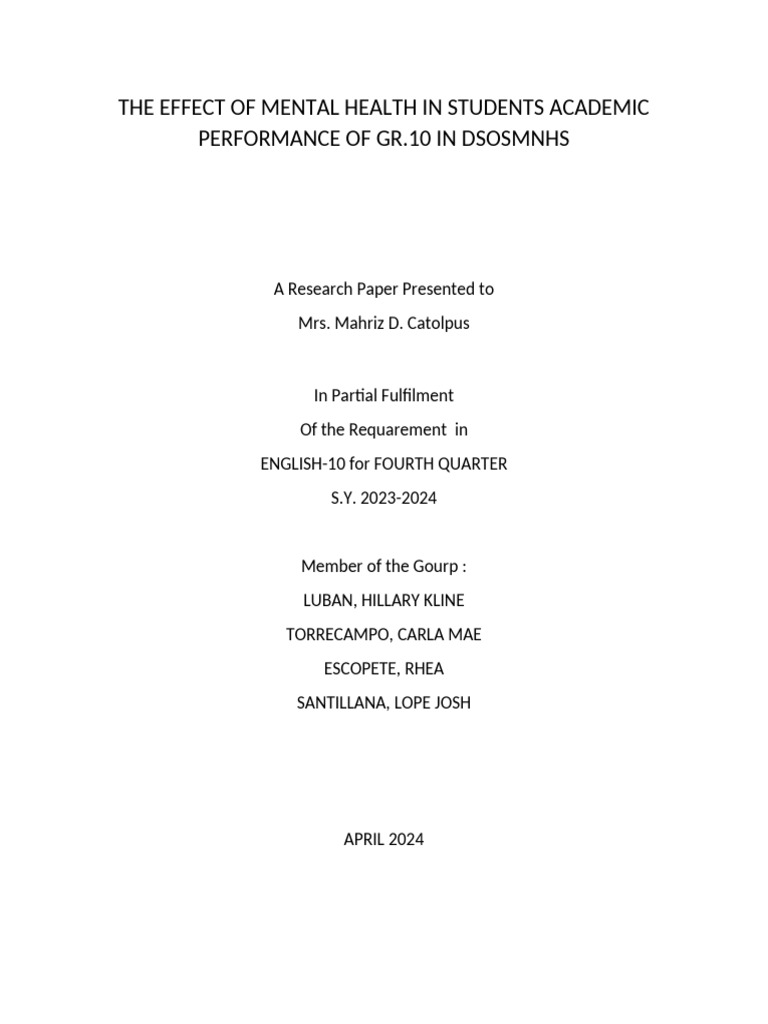 Impact of Mental Health on Grade 10 Performance | PDF