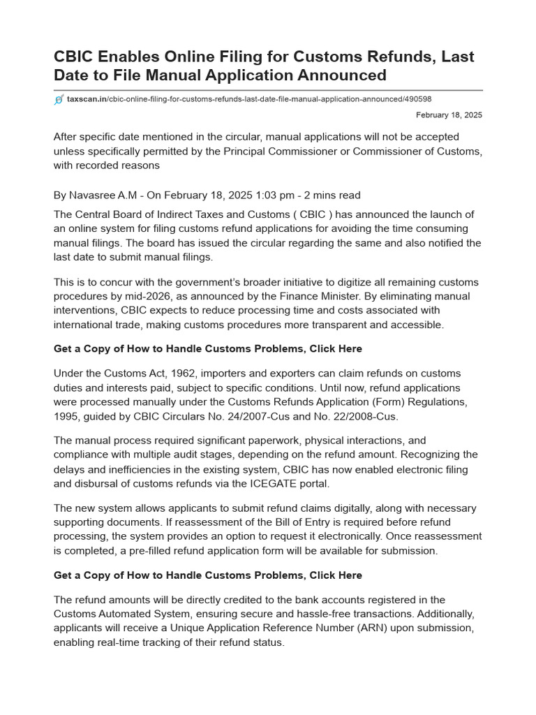 CBIC Enables Online Filing For Customs Refunds, Last Date To File ...