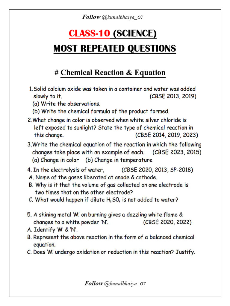 Class 10 Science Most Repeated Questions | PDF