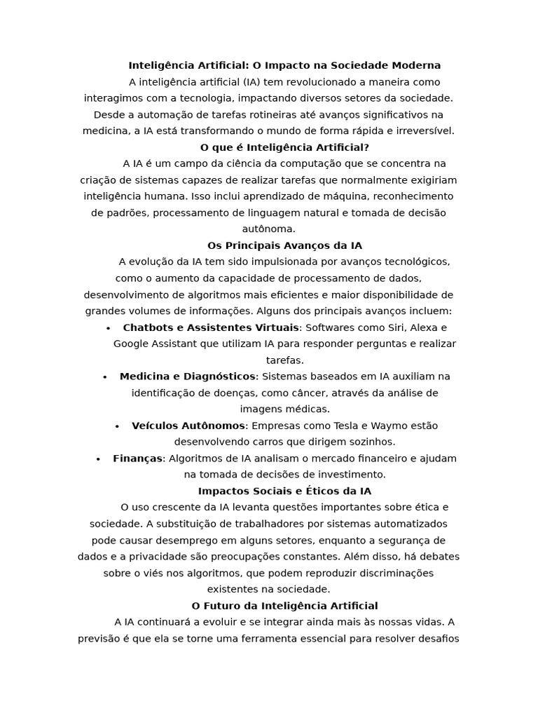 Impacto da Inteligência Artificial na Sociedade | PDF | Inteligência ...