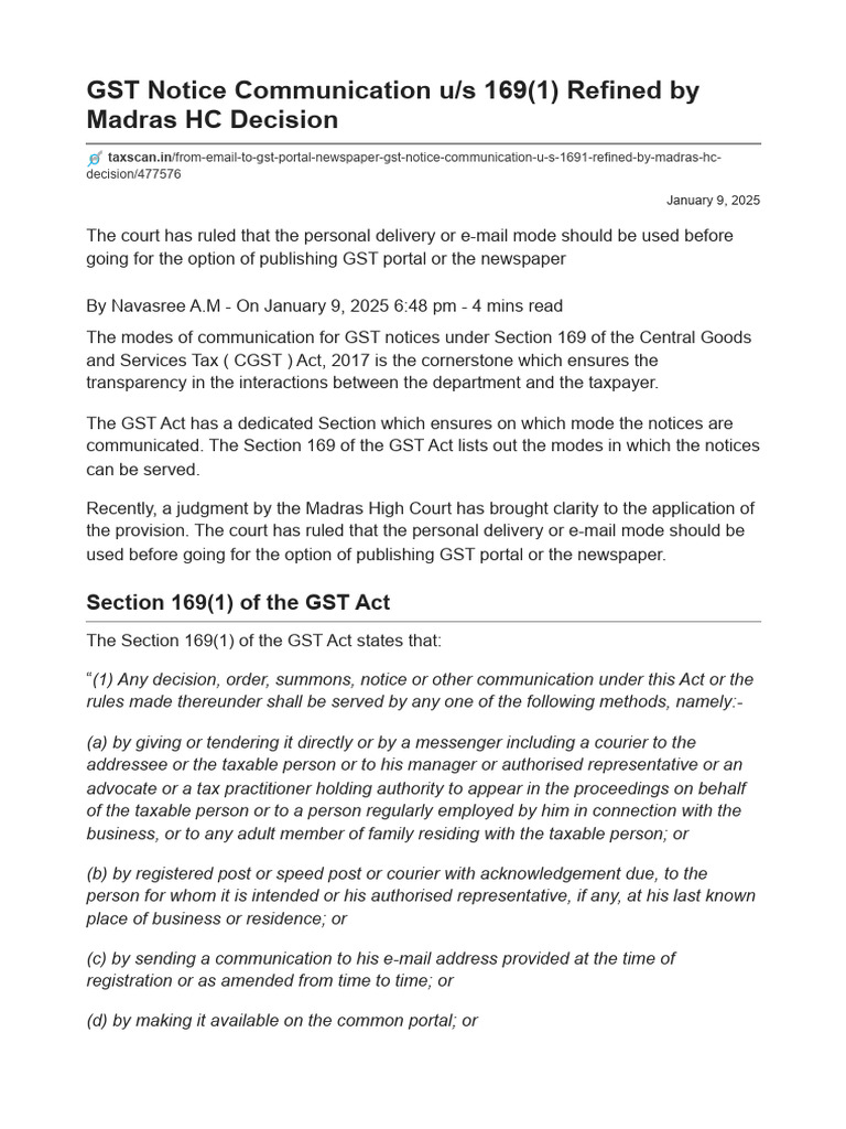 GST Notice Communication U - S 169 (1) Refined by Madras HC Decision ...