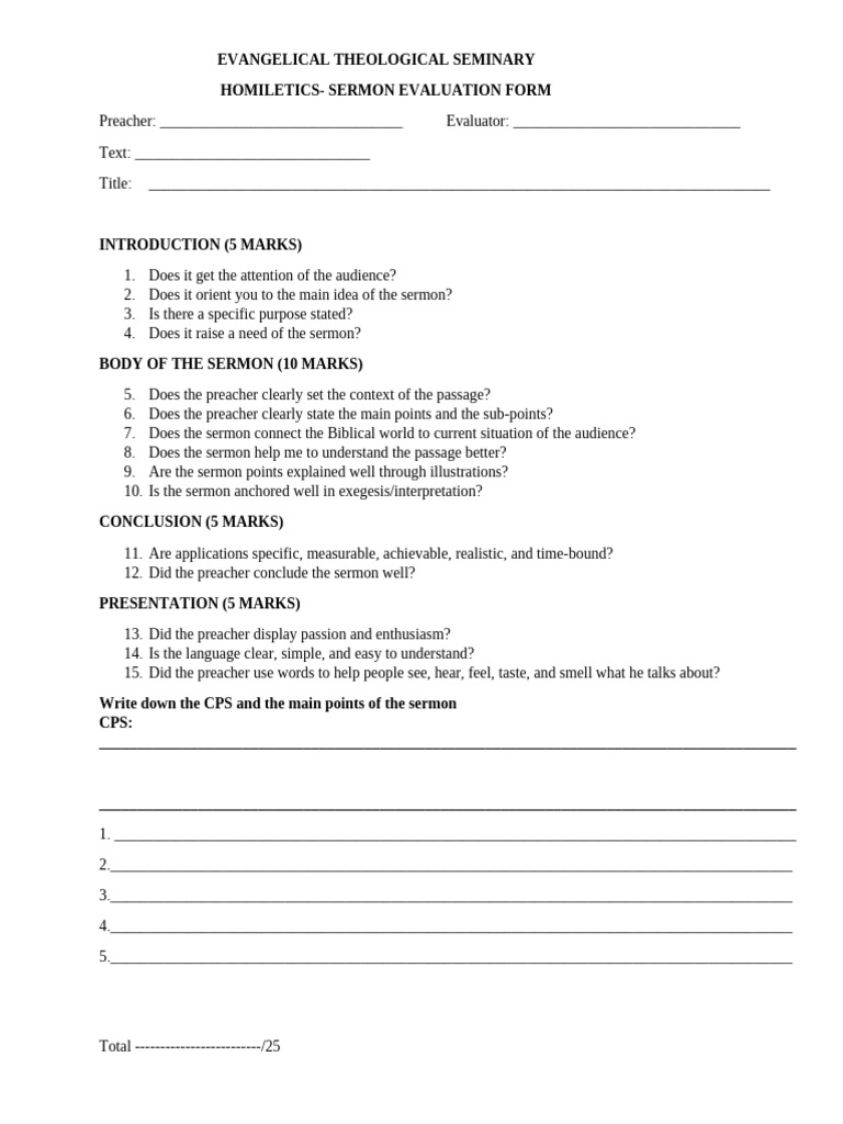 Online Basic Homiletic Evaluation Form | PDF