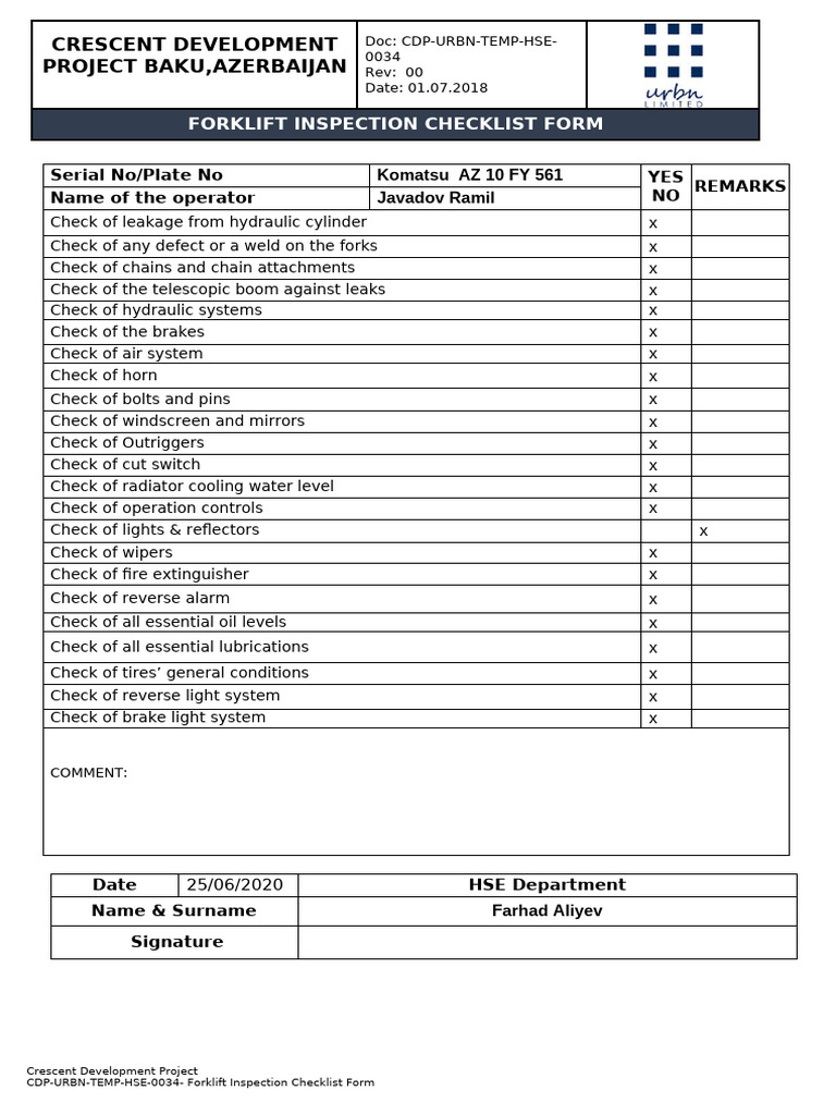 6. Forklift Inspection Checklist Form+ | PDF | Mechanical Engineering ...