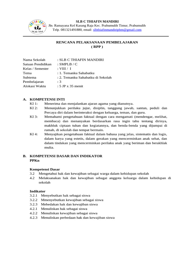 RPP SLB C Thiafin Mandiri Kelas VIII | PDF