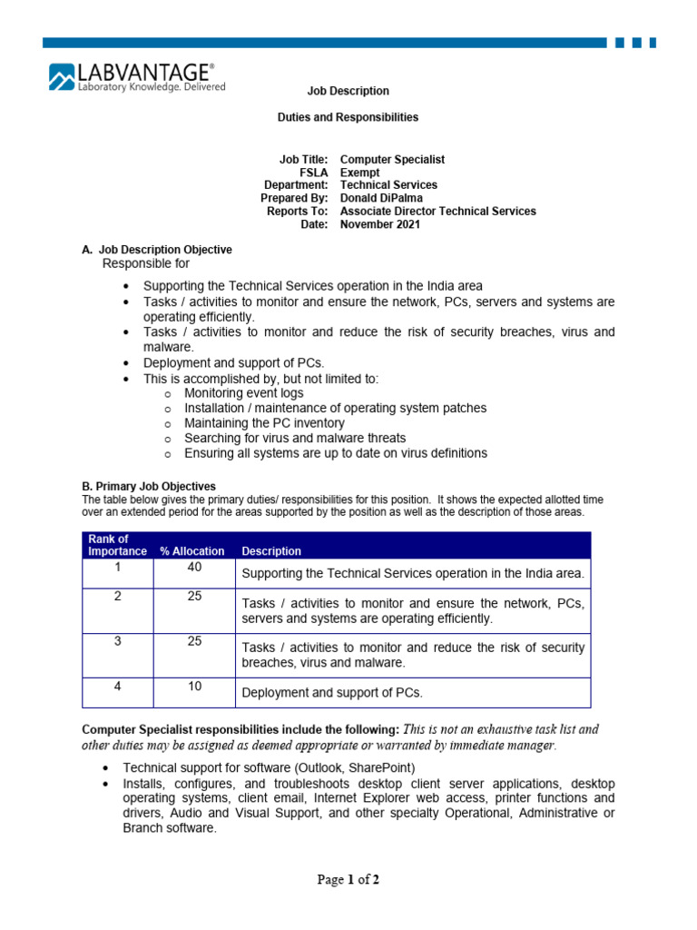 Computer Specialist Job Description | PDF | Personal Computers ...