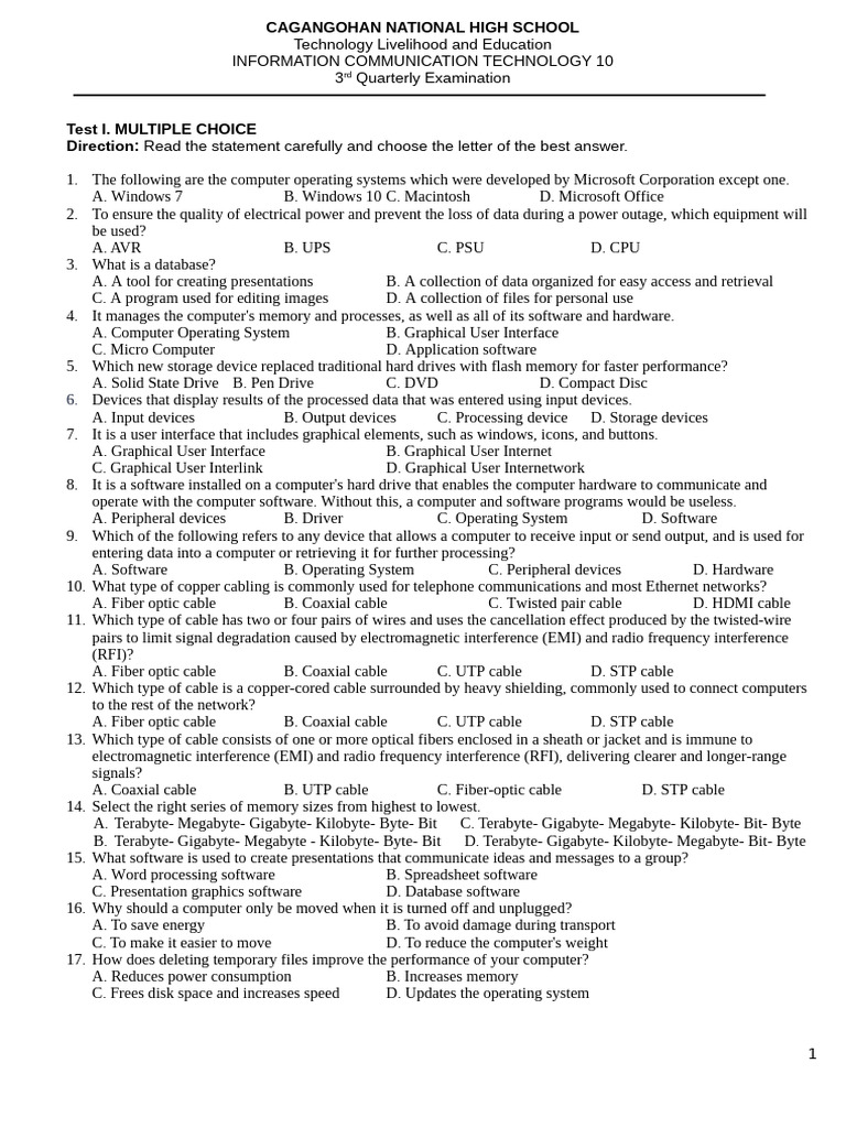 ICT 10 Quarterly Exam: Multiple Choice Questions | PDF | Electrical ...