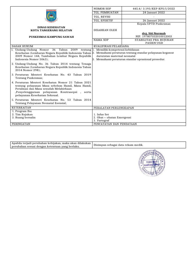 SOP Stabilisasi Pra Rujukan Pasien UGD | PDF