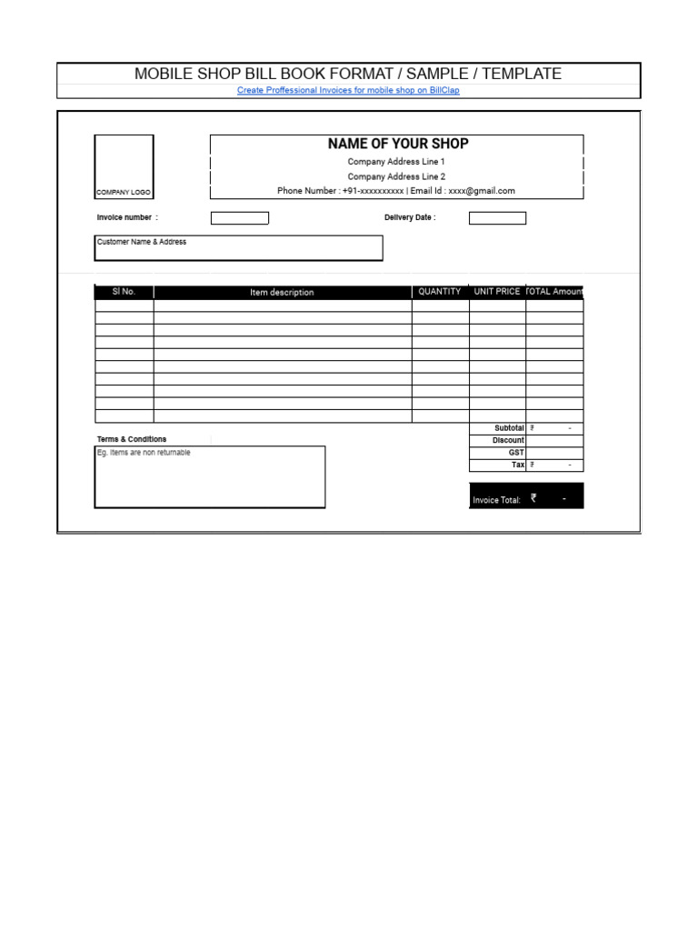 Mobile Shop Bill Format Template | PDF