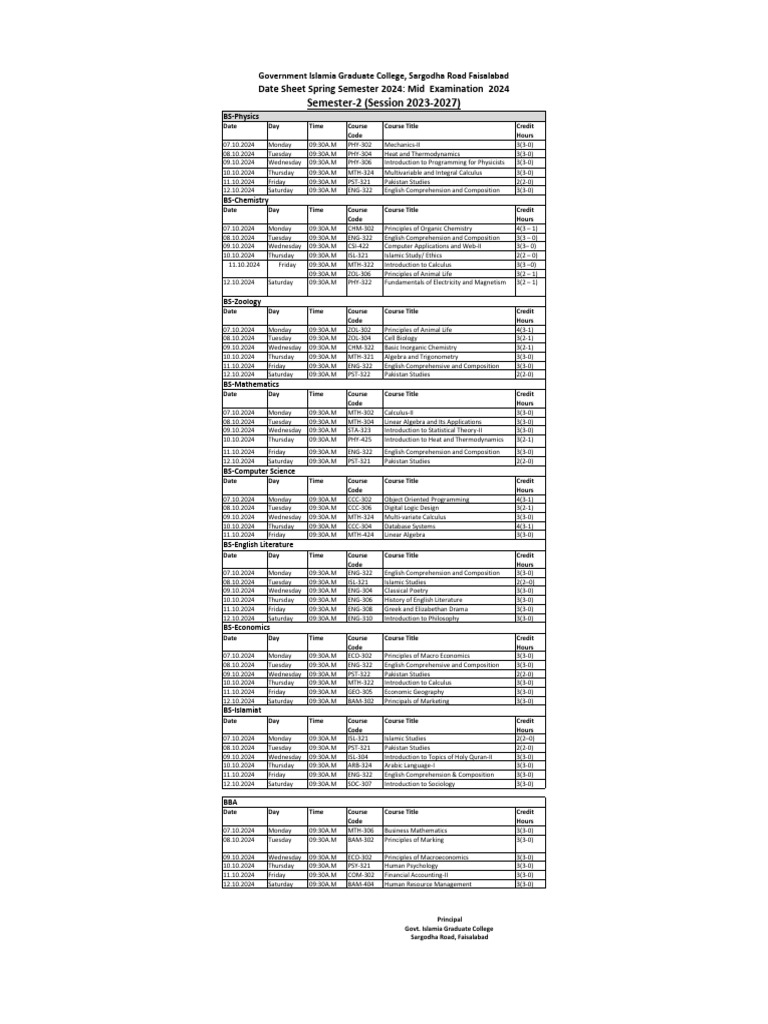 2nd Semester Mid Date Sheet | PDF | Academic Term | Mathematics