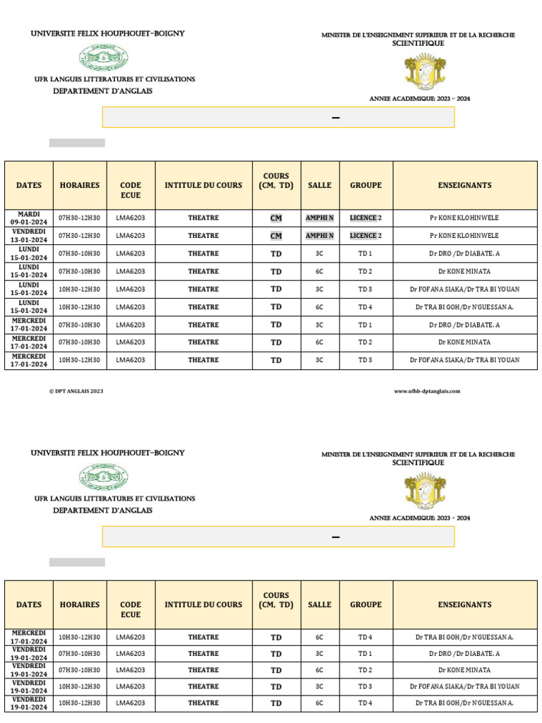 Emploi du temps Licence 2 Semestre 3 | PDF
