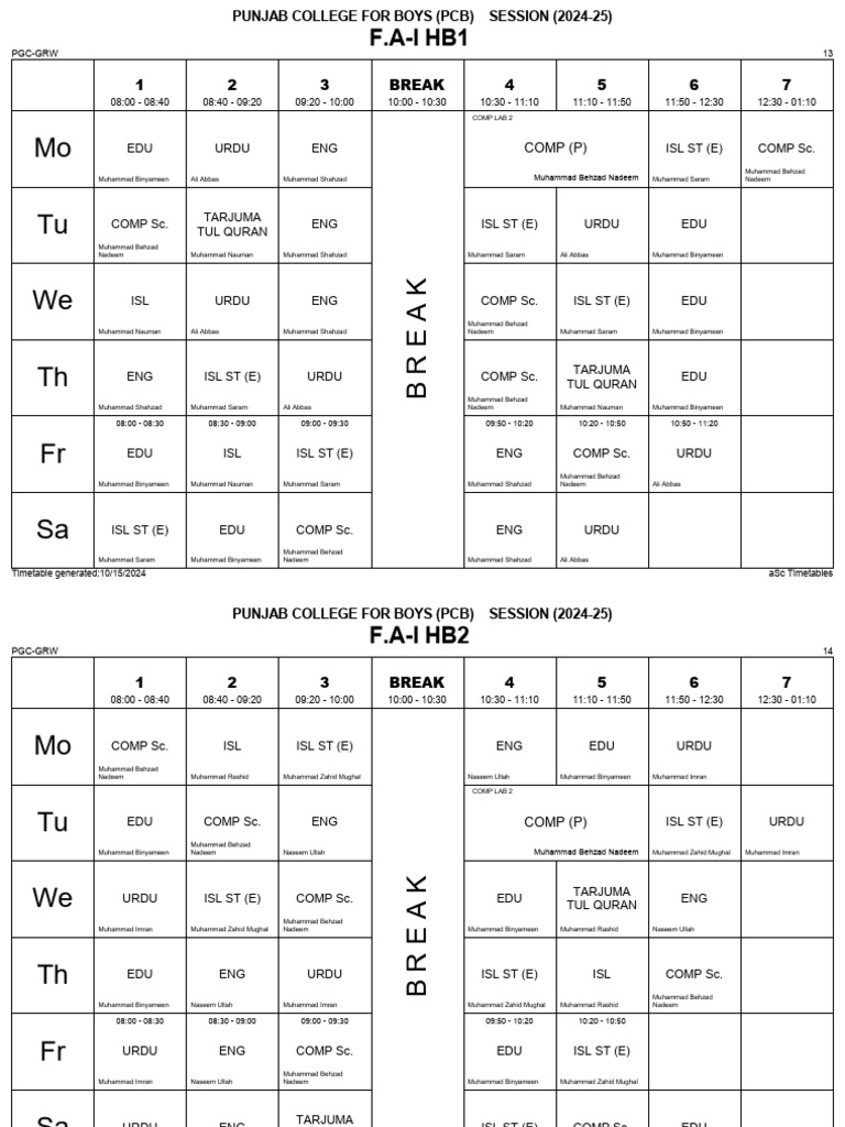 2024-25 Timetable for Punjab College | PDF | Pakistan | Banu Hashim