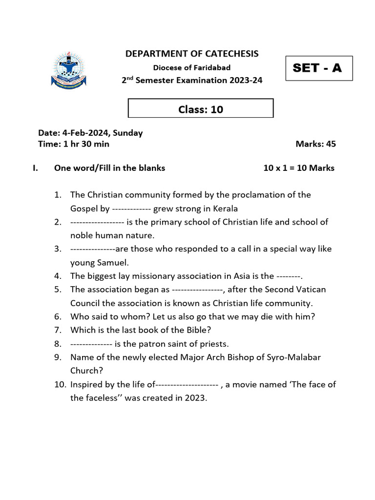 Class 10 Catechism Exam Paper 2024 | PDF | Catholic Church | Christian ...