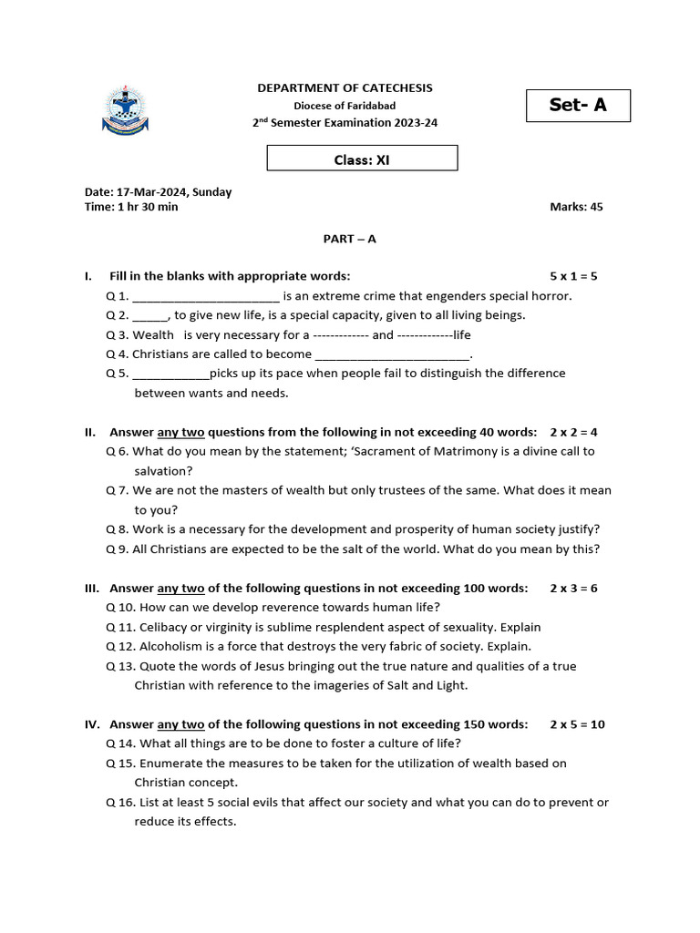 Faridabad Diocese Class 11 Exam Paper | PDF | Catholic Church ...