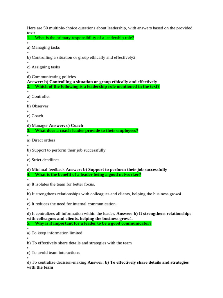 Leadership Questions and Answers Guide | PDF | Leadership ...
