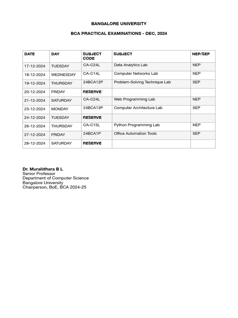BCA Practical Exam Schedule Dec 2024 | PDF