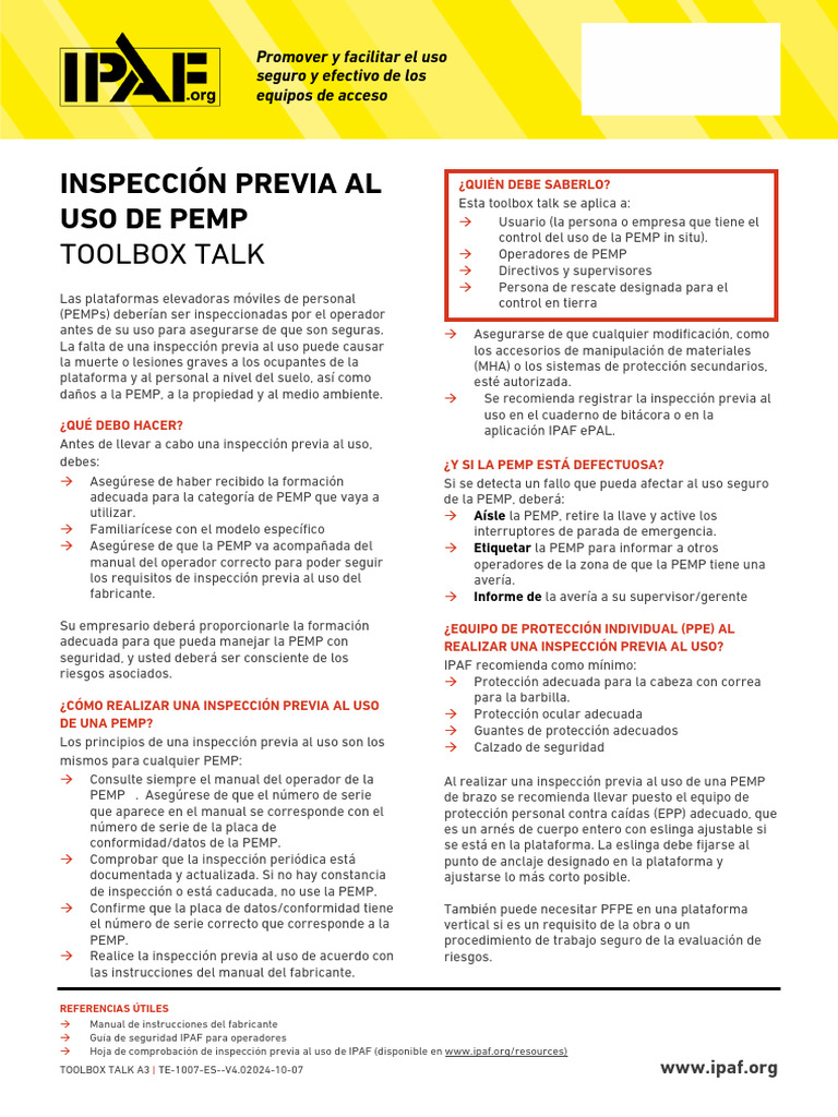 ES - IPAF Toolbox Talk A3 - MEWP Pre-Use Inspection(es) | PDF