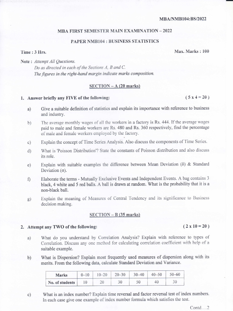MBA Business Statistics Exam 2022 | PDF