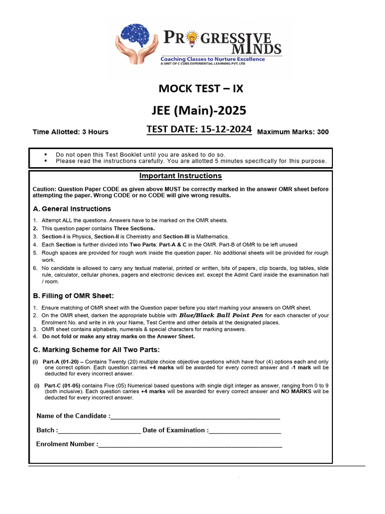 JEE Main 2025 Mock Test IX Instructions | PDF | Electron | Physics