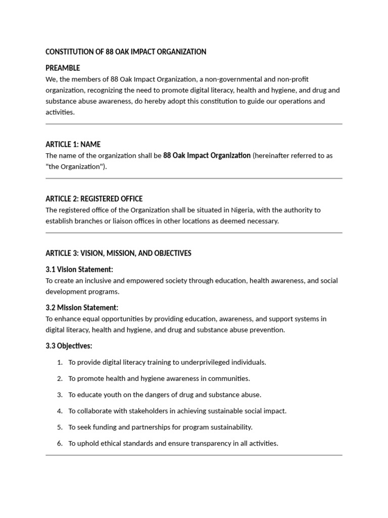 Constitution of 88 Oak Impact Organization | PDF | Board Of Directors ...