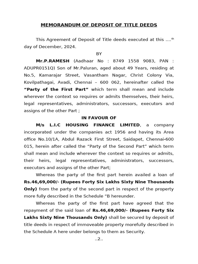 Title Deed Deposit Agreement Template | PDF | Mortgage Law | Common Law