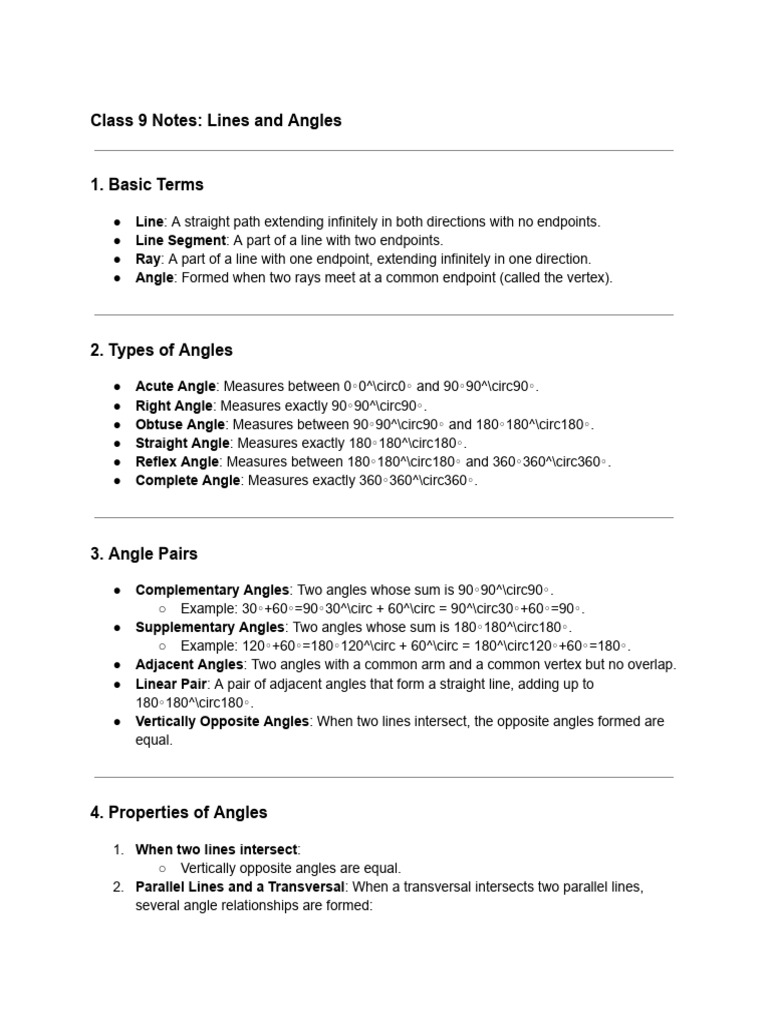 Class 9 Lines and Angles Guide | PDF | Elementary Mathematics ...