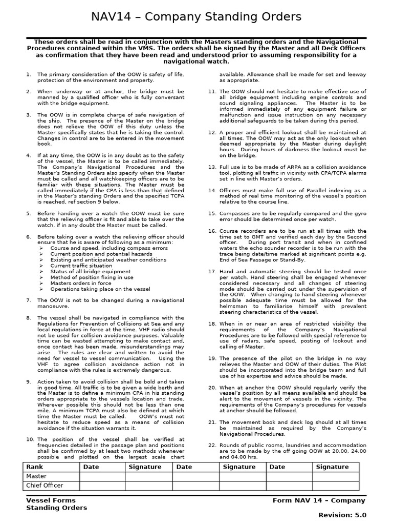 Nav 14 - Company Standing Orders | PDF