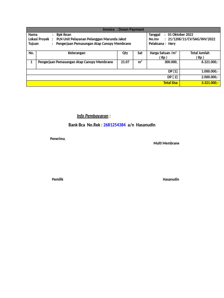 Invoice Pemasangan Canopy Bpk Iksan. | PDF