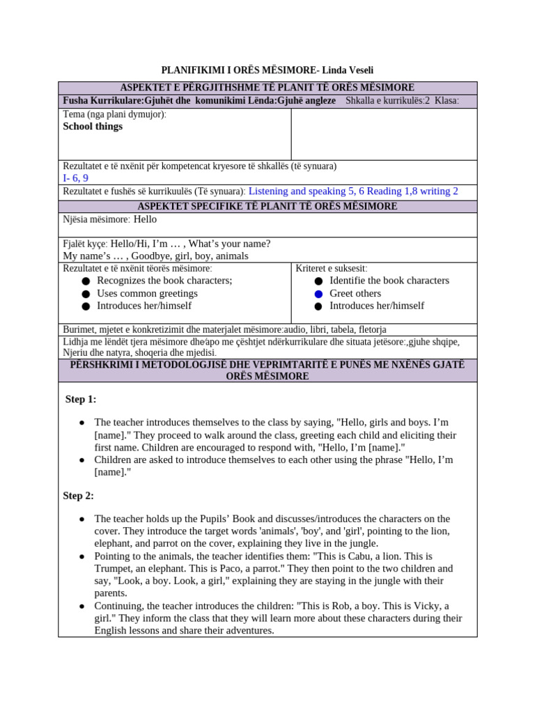 Planifikimi i Orës Mësimore për Gjuhë Angleze | PDF | Vocabulary ...
