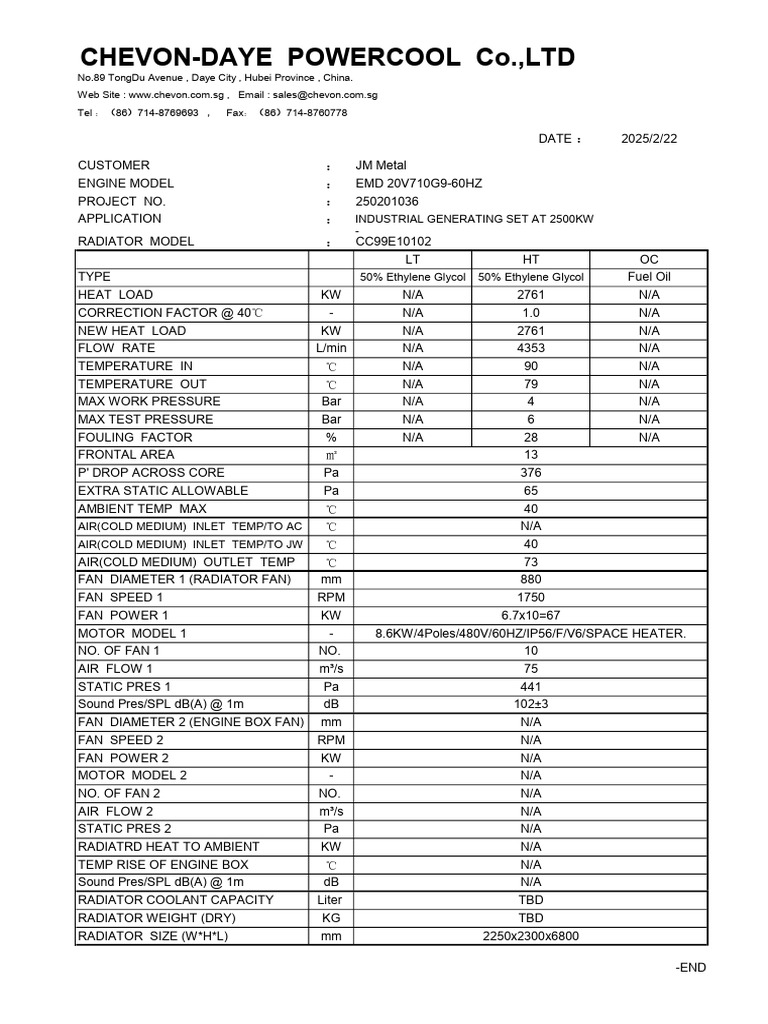 Industrial Generator Radiator Specs | PDF | Radiator | Engineering ...