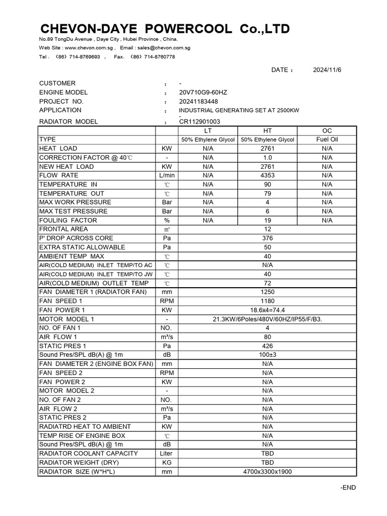 EMD 20-710G9-60HZ-2500KW-40 Remote Vertical Radiator Design Data Sheet ...