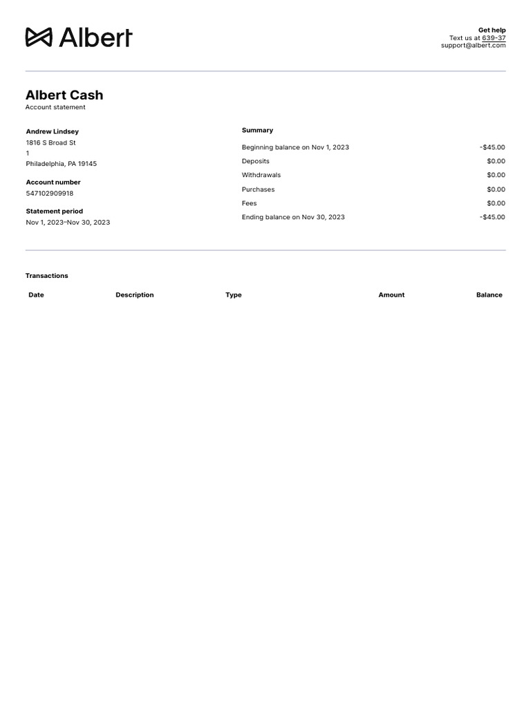 Albert Cash Account Statement Summary | PDF