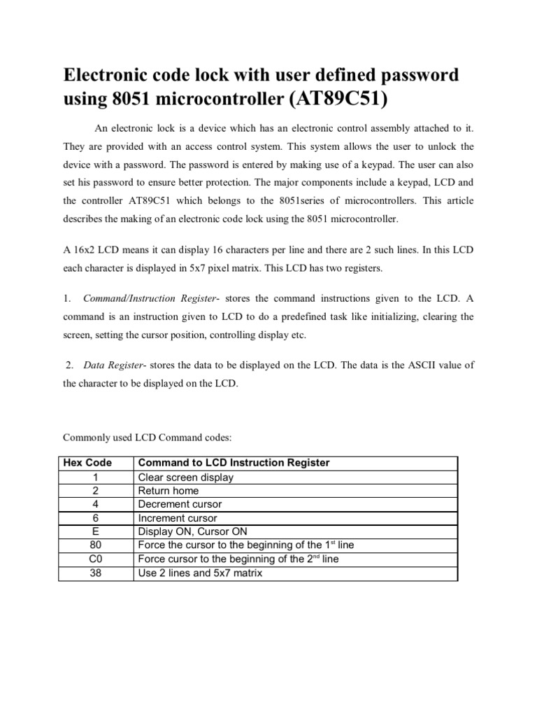 Electronic Code Lock With User Defined Password Using 8051 Micro ...