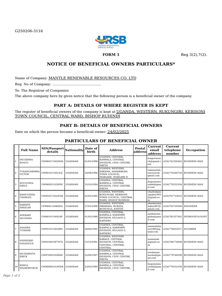 Notice of Beneficial Owners Details | PDF | Uganda | Corporations