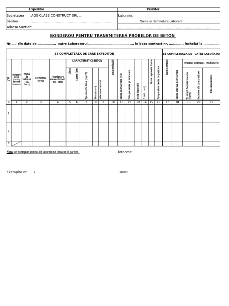 25 Borderou Transmitere Probe Beton | PDF