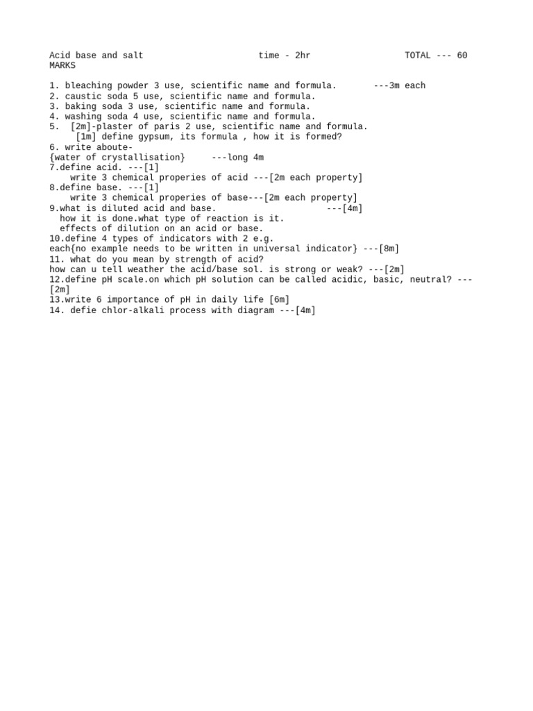 Class 10 Acid-Base Mock Test Guide | PDF