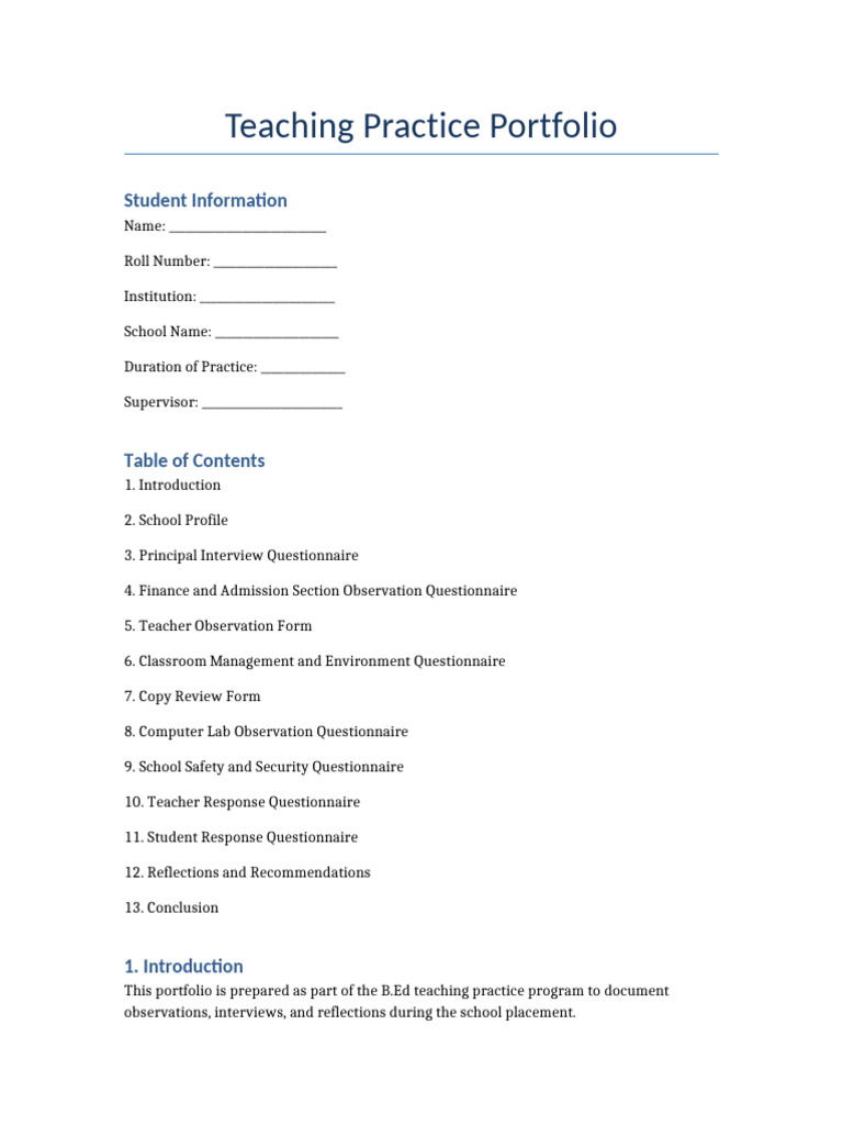 B Ed Teaching Practice Portfolio Pdf Teachers Schools