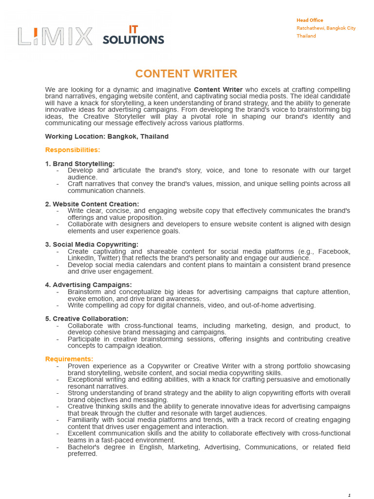 JD Content Writer - Limix | PDF | Brand | Advertising