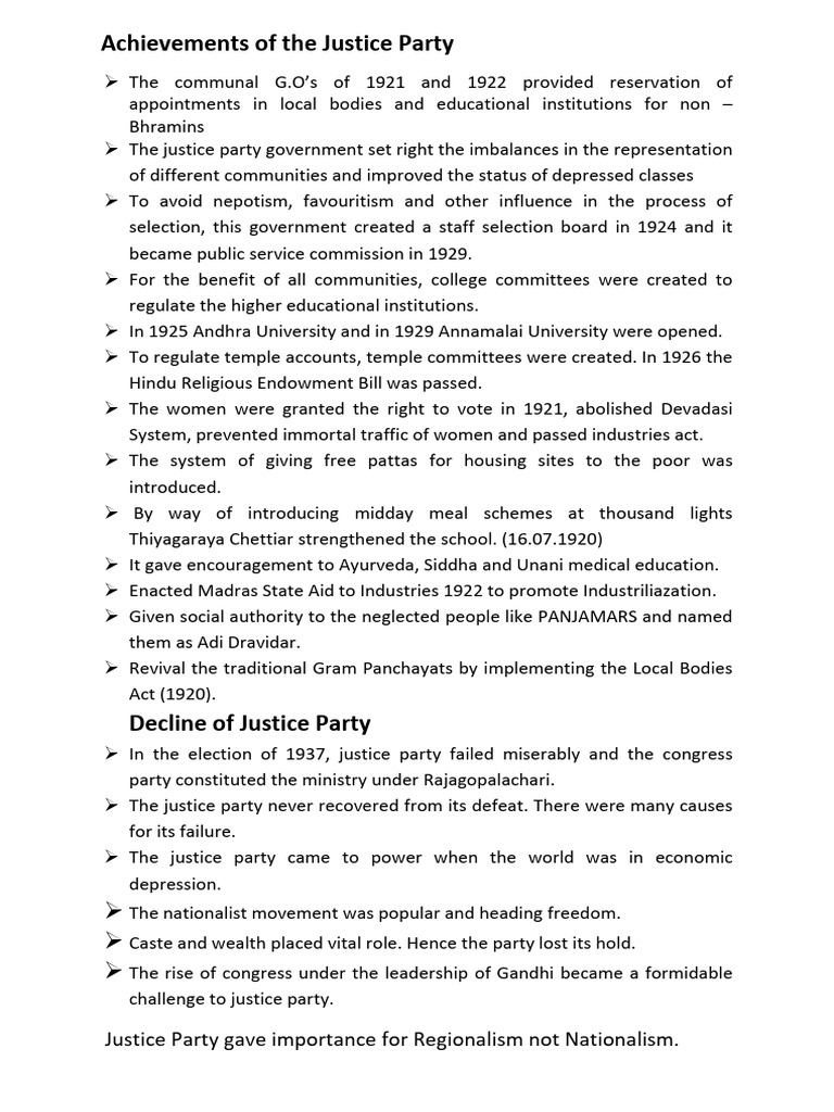 Achievements of the Justice Party | PDF