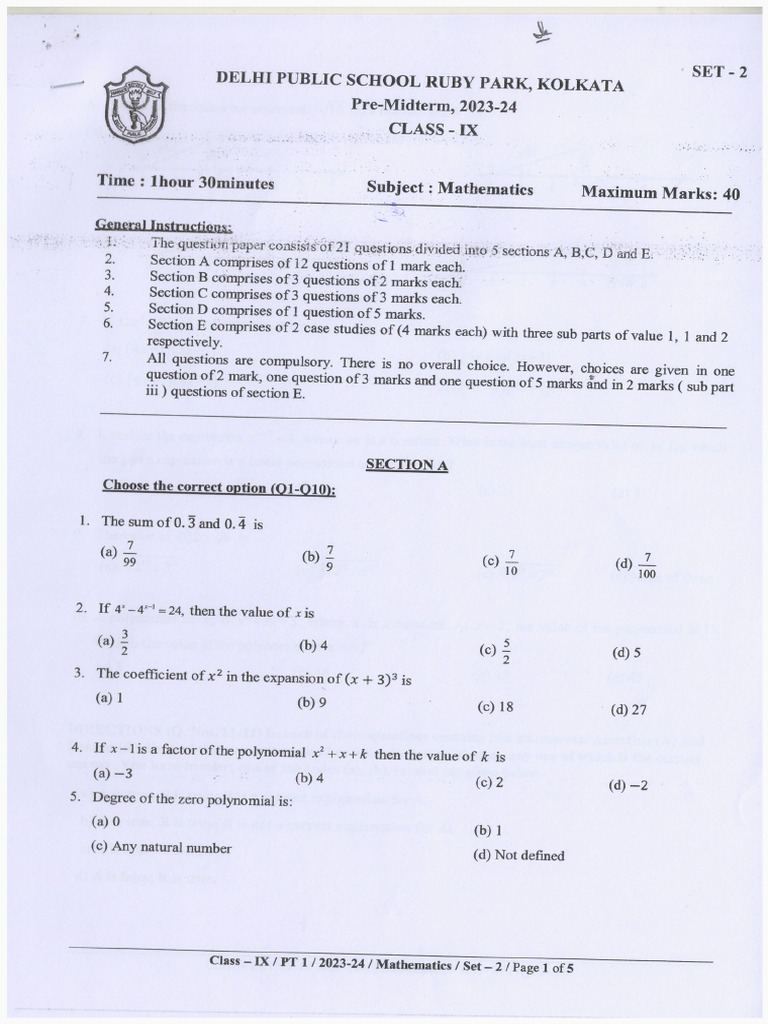 CL 9 Mathematics 2023-24 Pre Mid Term | PDF