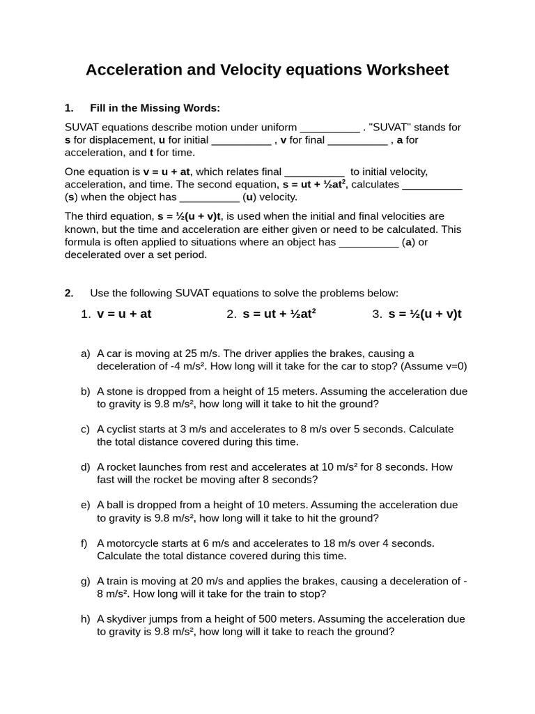 Acceleration and Velocity Equations Worksheet | PDF