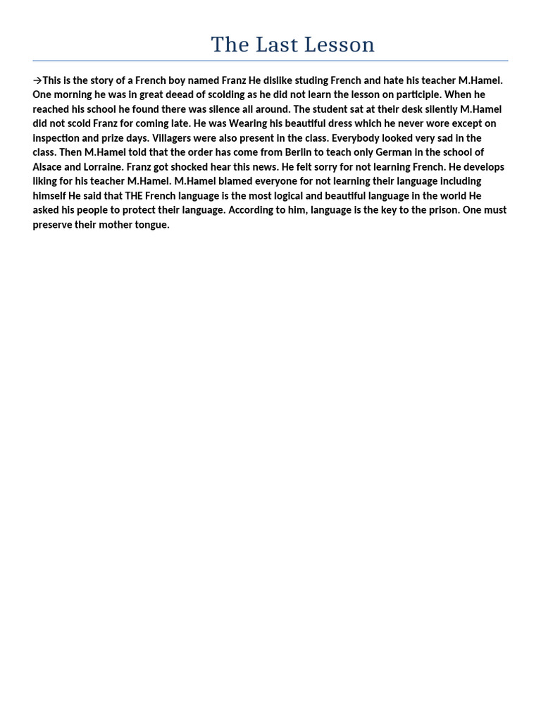 The Last Lesson (Summry) | PDF