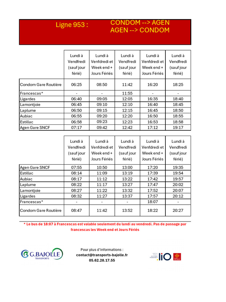Horaires Bus Ligne 953 Agen-Condon | PDF