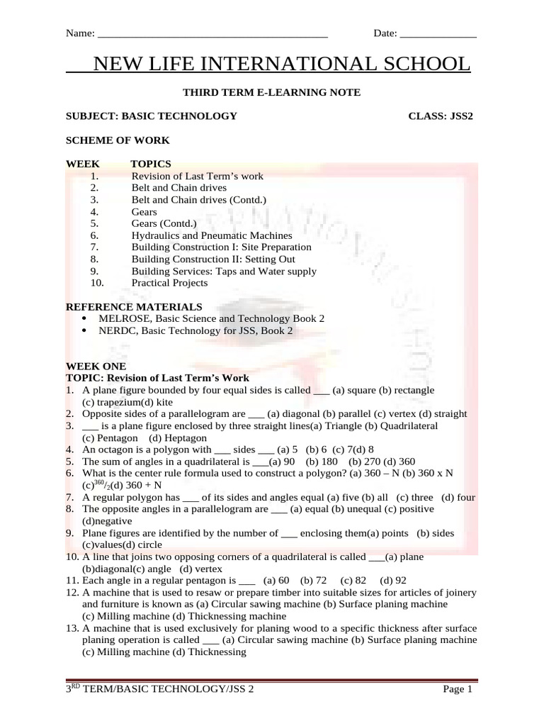 3RD Term J2 Basic Technology | PDF | Belt (Mechanical) | Gear