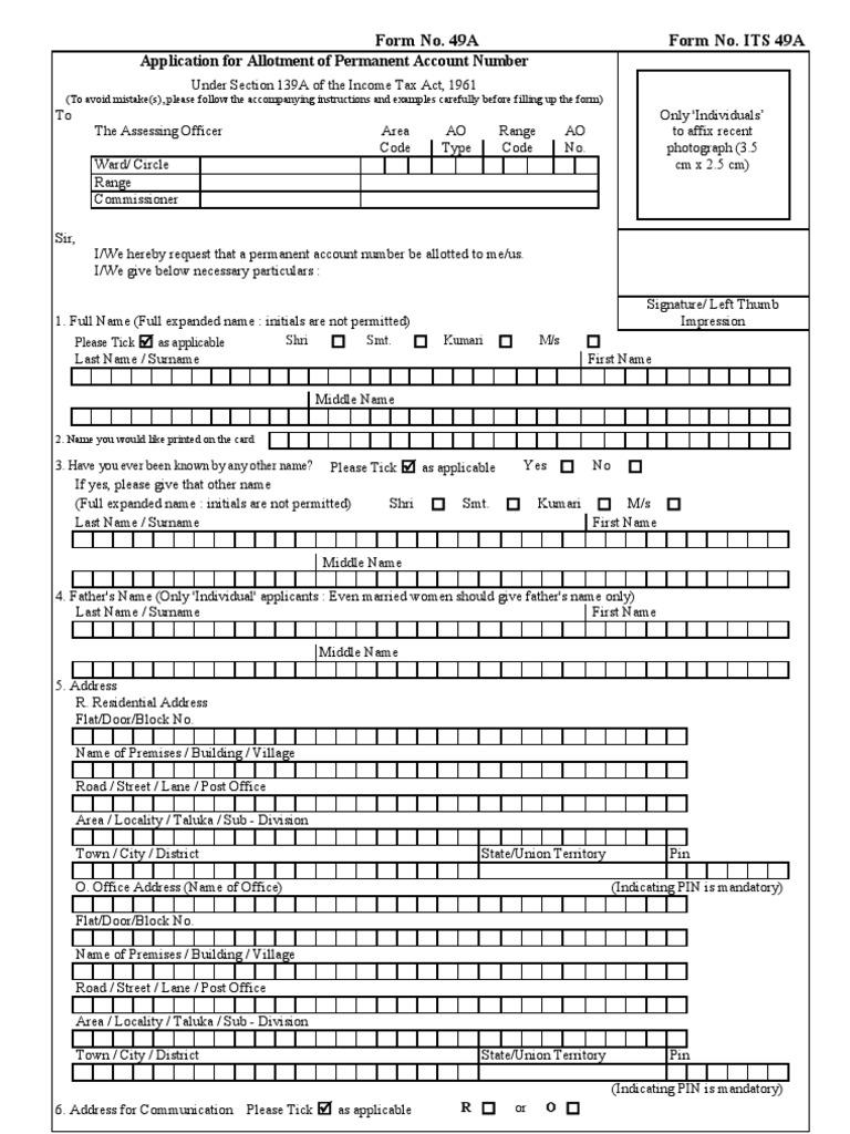 PAN Card Application Form 49A Guide | PDF | Legal Personality ...