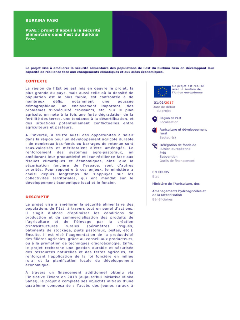 Projet PSAE : Sécurité Alimentaire Est BF | PDF | Agriculture ...
