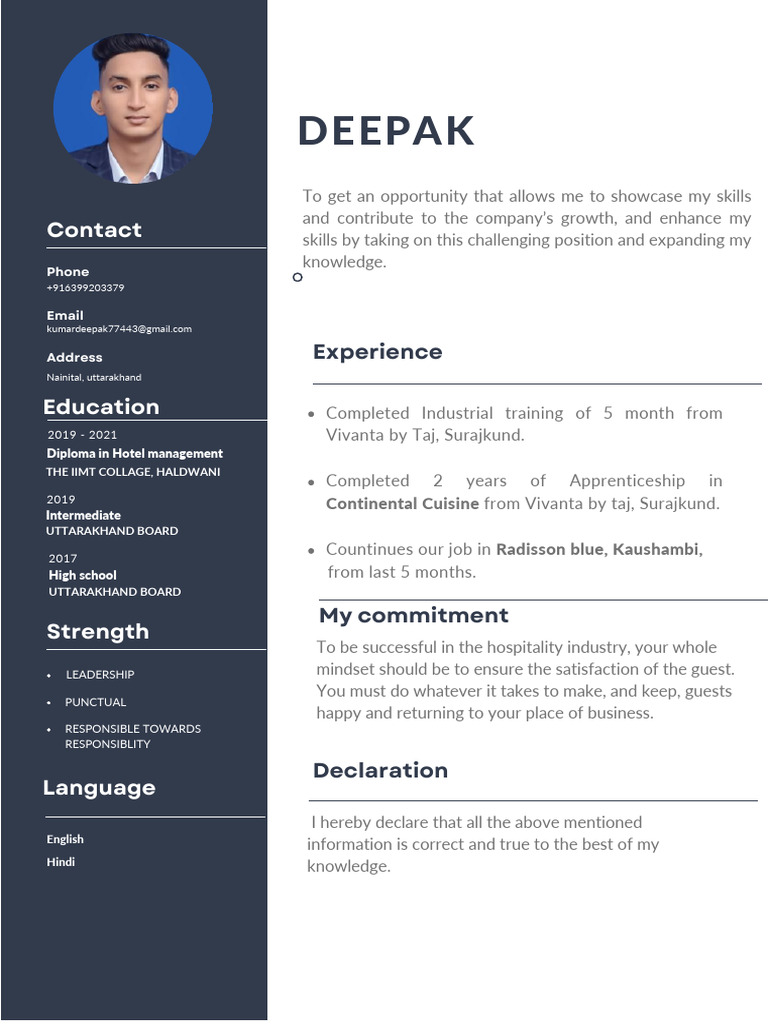 Hotel Management Resume of Deepak Kumar | PDF