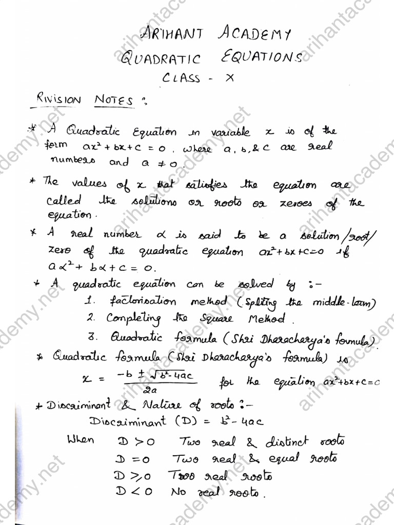 quadratic-equation-notes-and-questions-class-10-pdf